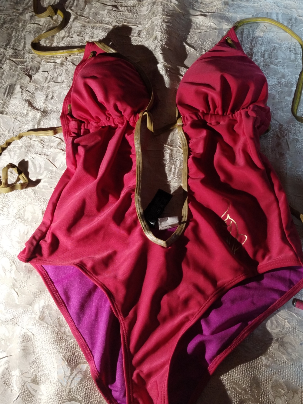 Woman's ' Magenta One-Piece Footie Swimsuit with Gold Trim
